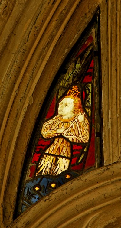 Fenster mit der Darstellung eines musizierenden Engels, der das Triangel spielt, Beauchamp Chapel, Saint Marys, Warwick von English School